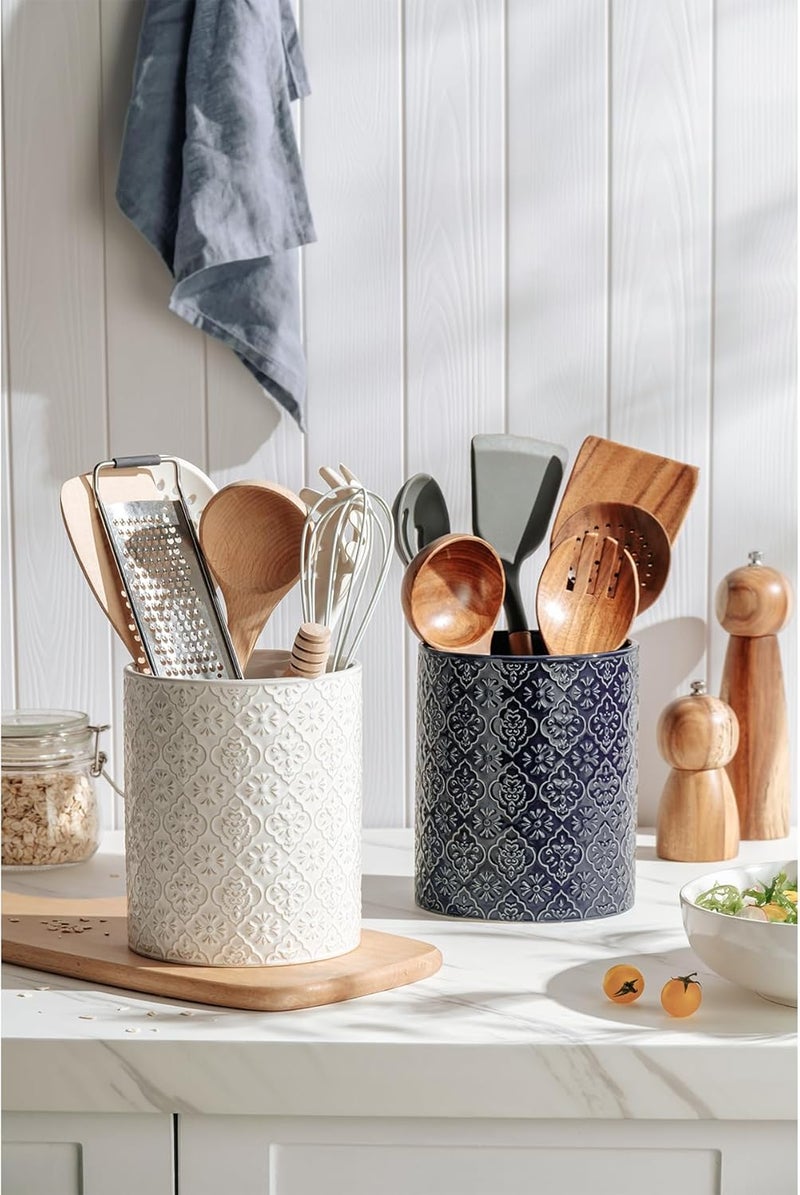 MIKIGEY Kitchen Utensil Holder, 6x7 inch Large Ceramic Utensil Holder with Embossed Pattern, Cooking Utensil Crocks for Kitchen Countertop, Home Decor, Blue - Image 3